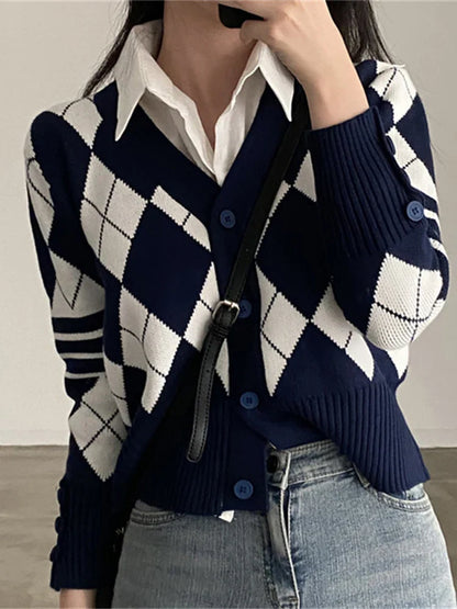 lovwvol Japanese School Uniform Ladies Sweaters Cute Top Argyle Cropped Cardigan V Neck Preppy Style Knit Sweater Pull Femme