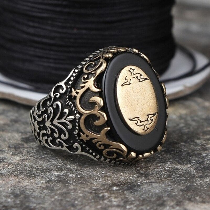 Retro Oval Black Zircon Rings for Men Punk Metal Two Tone Engraving Ancient Patterns Handmade Ring Muslim Jewelry