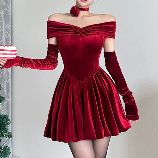 Y2k Elegant Formal Velvet Cute Mini Dresses Gothic Off Shoulder A-line Partywear Dress Ruched Bodycon Corset Outfits