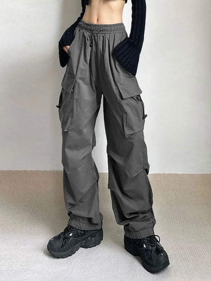 lovwvol Women Oversized Cargo Parachute Pants Y2k Vintage Streetwear High Waist Joggers Hippie Baggy Harajuku Wide Leg Sweatpants