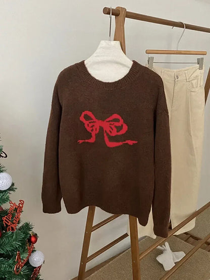 lovwvol Sweet Knitted Sweater Women Oversized Bow Embroidery Pullover Korean Fashion Casual Jumper All-Match Autumn Winter High Street