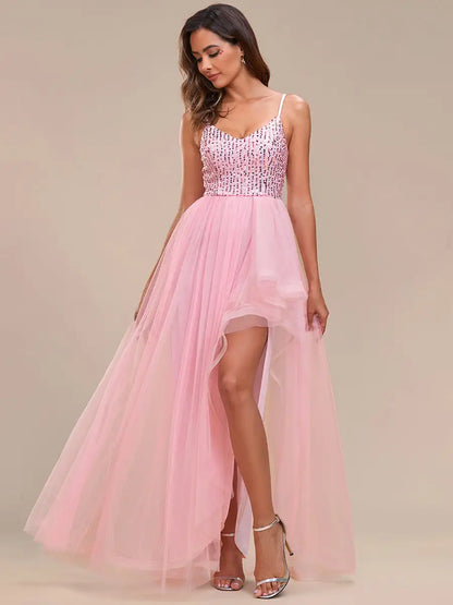 Elegant Evening Dresses Spaghetti Straps Asymmetric Sequin Tulle Floor-Length  Ever Pretty of Pink Bridesmaid dresses