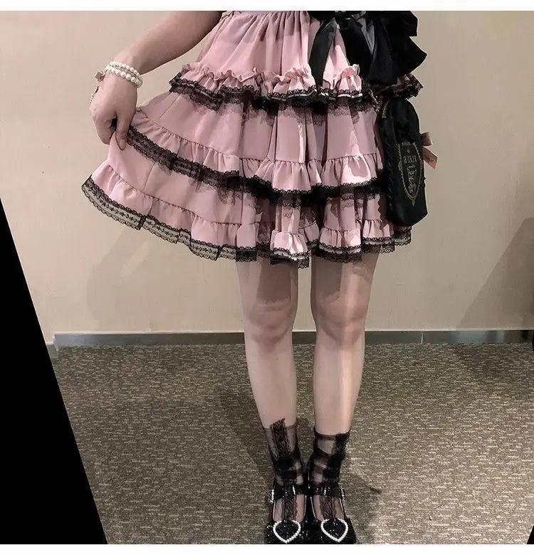 Japanese Kawaii Mini Cake Skirt Womens Black Casual Elegant Lolita Sexy  High Waist Lace Y2k Aesthetic Sweet Gothic Faldas