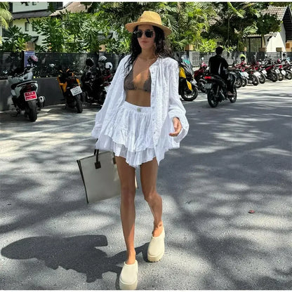 lovwvol White Long Sleeved Shirt Shorts Sets Women Loose Round Neck Single Breasted Blouse Suit 2024 Summer Fashion Lady Streetwears