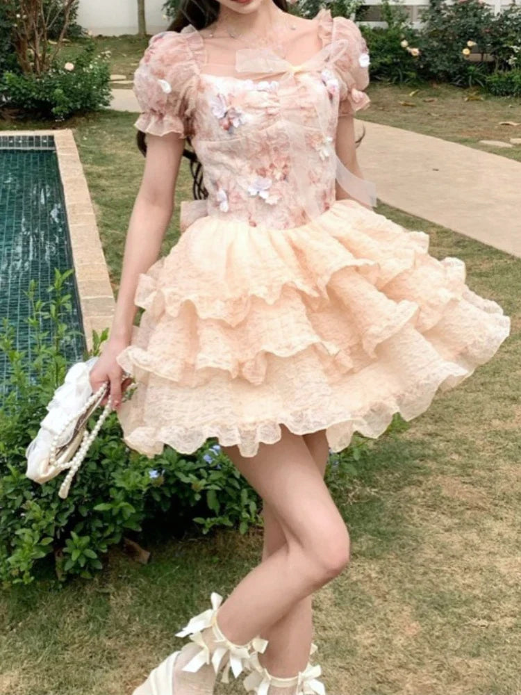 lovwvol Lolita Kawaii Sweet Mini Dress Women Elegant Retro Lace Floral Party Dress 2024 Summer Japanese Style Vintage One Piece Dress