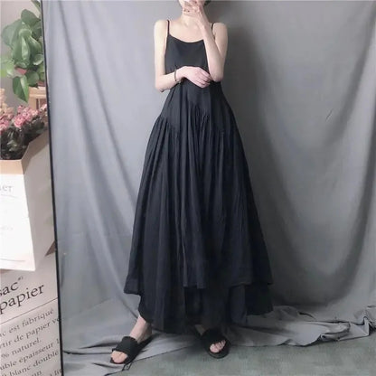 lovwvol Zoki White Camis Dress Women Summer Korean Elegant Irregular Black Long Beach Dress Vintage Loose Solid All Match A Line Dress