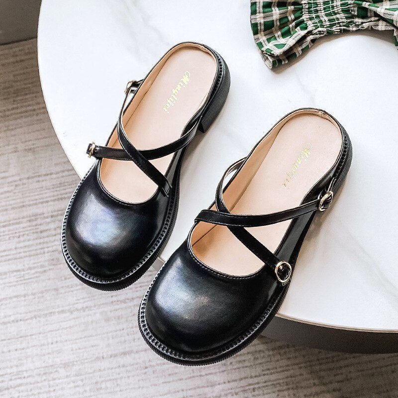 lovwvol The new summer 2023 low-heeled half-toe slippers Fashion house designed casual black round head women's Muller leather shoes