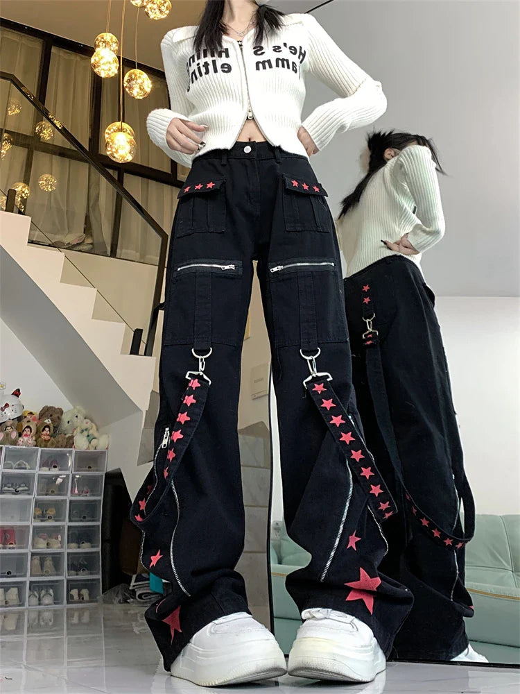 lovwvol Women's Metal Decoration Splicing Star Print Denim Trousers American Street Style Jeans Casual Female High Waist Straight Pants