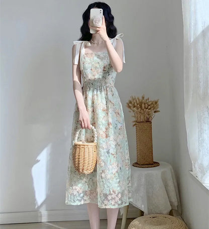 lovwvol JSXDHK New French Vintage Summer Flower Dress Elegant Women Sleeveless Spaghetti Strap Mesh Floral Embroidery Midi Vestidos