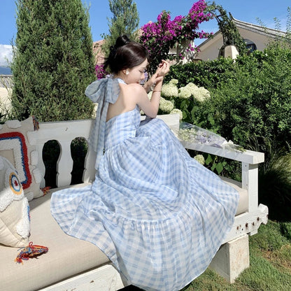 lovwvol Summer Blue Plaid Maxi Women Dress Slim Backless Party Vacation Long Dress Female New Elegant Chic Prom Lady Chiffon Dress