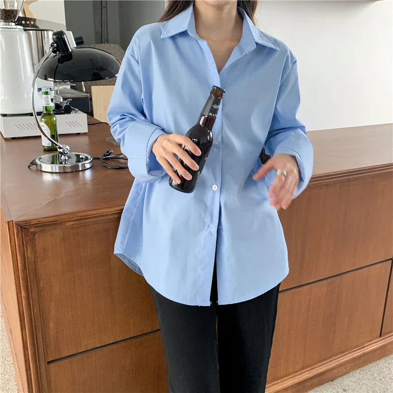 lovwvol Women Blouses Elegant Vintage Streetwear Casual Cotton 100% Loose Button Up White Blue Long Sleeve Office Oversize Shirt Tops