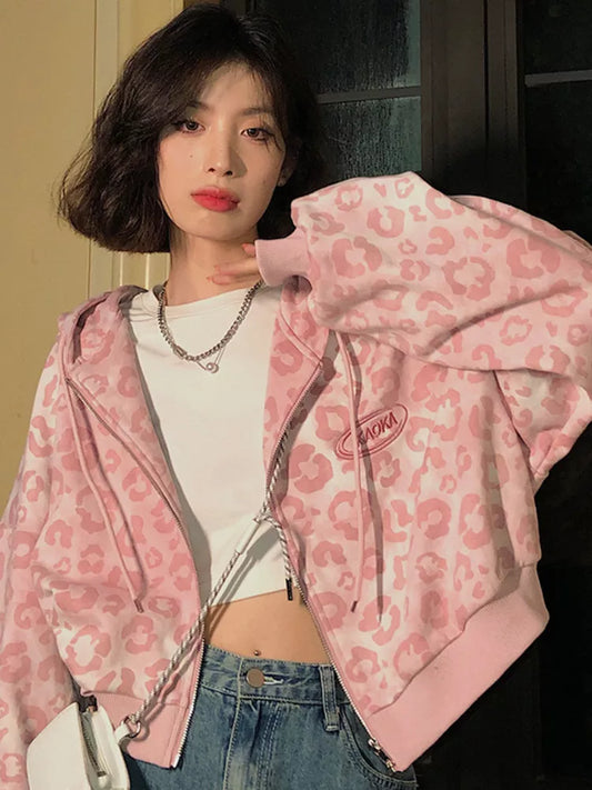 Preppy Style Pink Sweatshirts Leopard Print Y2K Harajuku Oversized Hoodies Women Vintage Zipper Cropped Top Cute Jacket