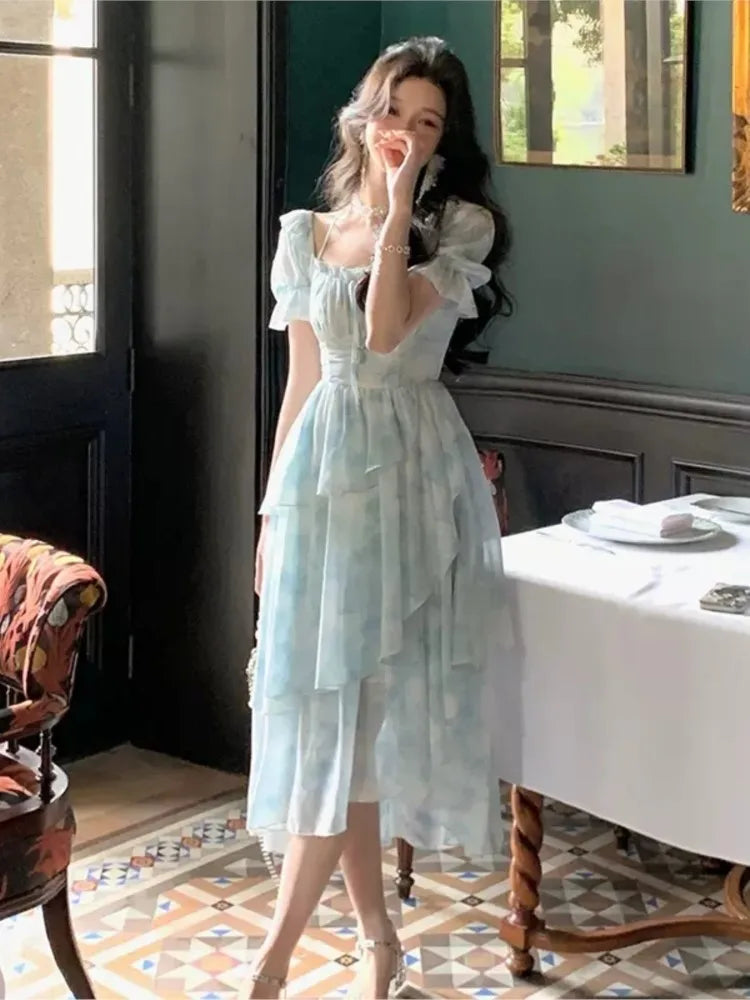 lovwvol Summer Elegant Party Dress puff Sleeve Beach Dress Woman Vintage square Floral One Piece cake Dress