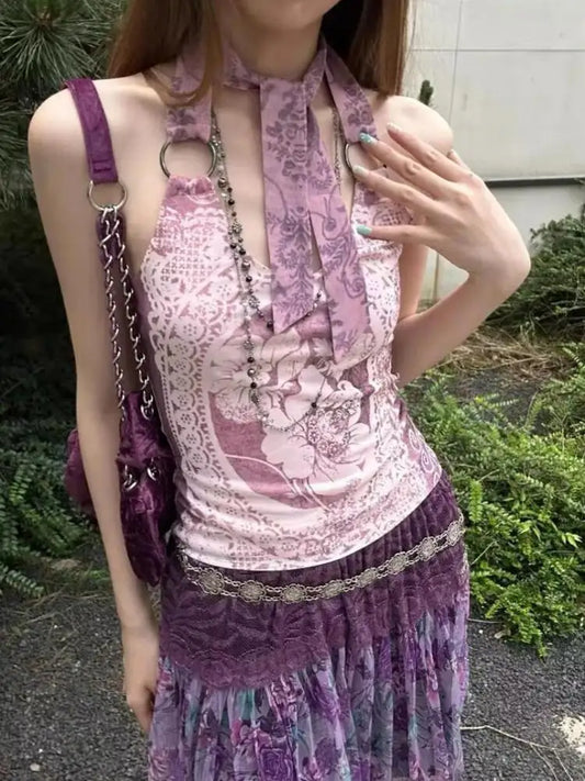 lovwvol  -  Gothic Print Halter Tops Sleeveless Lace Up Crop Tops Y2k Vintage Tank Tops 2000s Japanese Fairycore Streetwear Summer