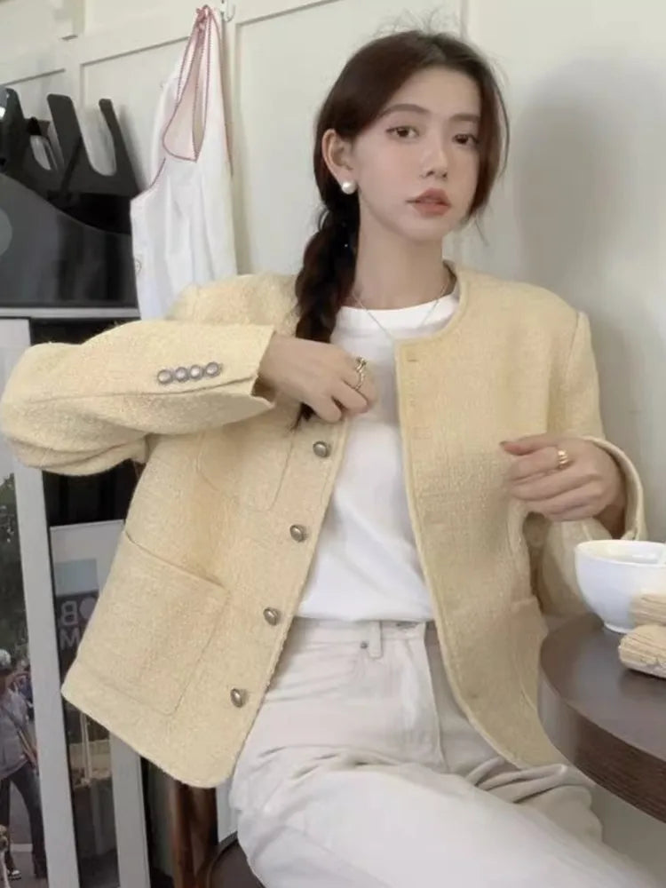 France Vintage Tweed Coat Women Single Breasted Long Sleeves Autumn Winter Korean Retro Fashion Graceful Outwear Female Chic Top