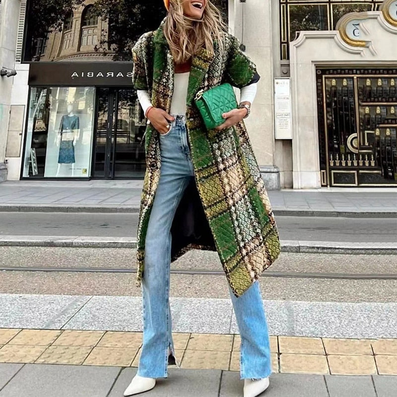 Fashion Plaid Print Long Cardigan Coats Autumn Winter Women Casual Long Sleeve Loose Outerwear Elegant Lapel Button Jackets