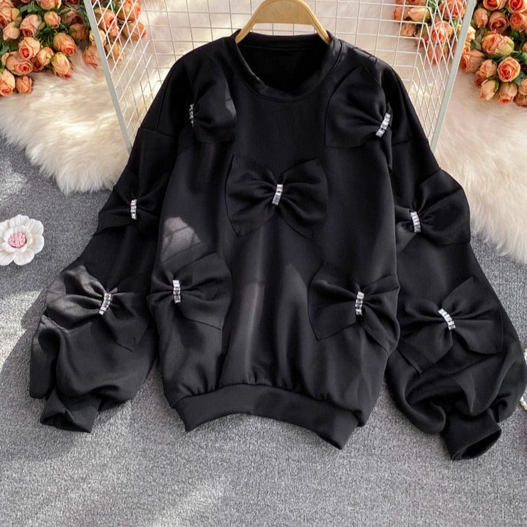 lovwvol     Korean Diamonds Bowknot Pullover Sweatshirt Causal Long Sleeve O-neck Hoodies Autumn New Sweet Women Jumper 2023 6E145