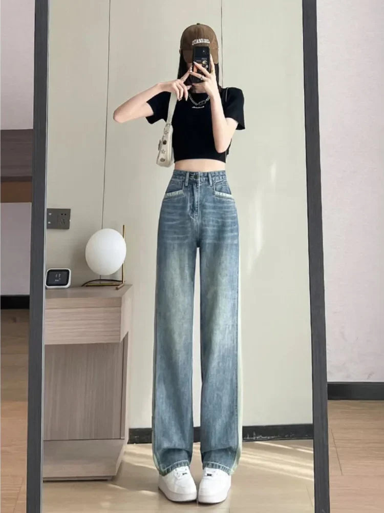 lovwvol Spliced Retro Straight Leg Jeans For Women's Spring New Tall, Elongated, Versatile, Slim, Loose Fitting Wide Leg Women's Jeans