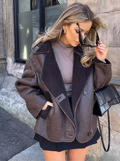 Thick Faux Leather Lambswool Jacket Women Autumn Winter Lapel Vintage Single Breasted Coats Female Pocket Warm Streetwear