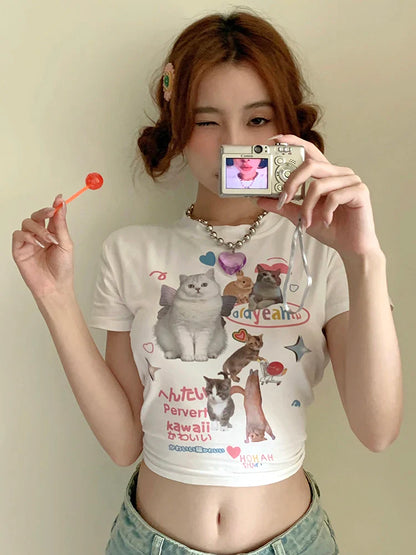 lovwvol Japanese y2k Kawaii Cat Print Short Sleeve Tee Women Grunge Crop Tops Fairycore Graphic T-shirt E-girl 2000s Korean Fashion