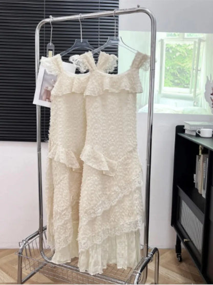 Korean Elegant Lace Midi Dress Women Casual  Spring Summer New A-line Ruffles Holiday Beach Dress Y2k Prom Robe Vestidos