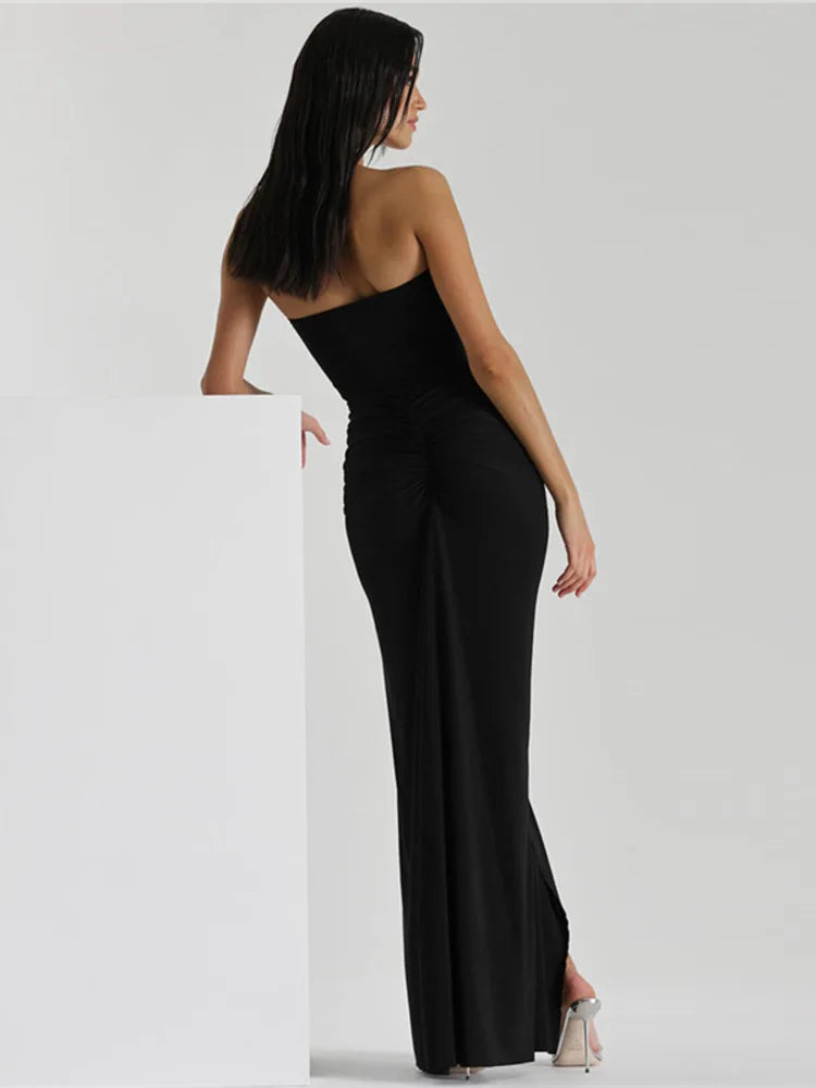 Women Sexy Halter Ruched Split Strapless Maxi Dress For Women Fall Backless Slim Evening Dress Beach Holiday