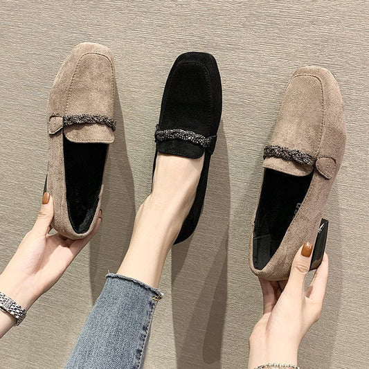 Autumn Winter Women Loafers Low Heels Boat Shoes Square Toe Dress Shoes Chain Faux Suede Plush Warm Ladies Shoes Plus Size