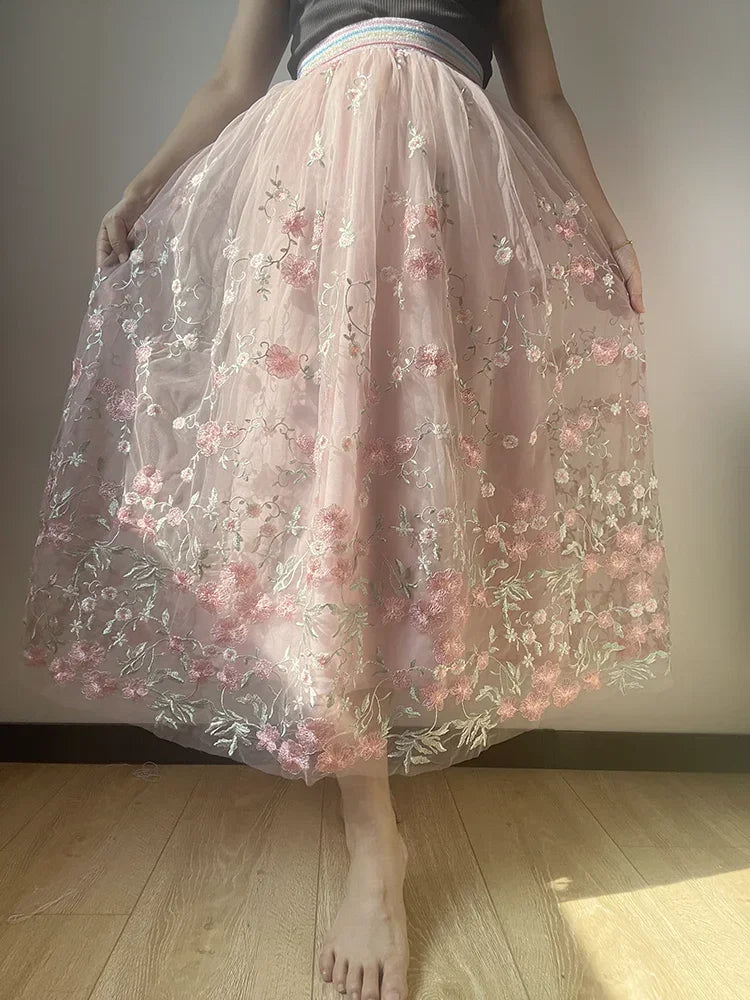 lovwvol   Bouquet Embroidered Long Skirt High Quality Pink Vintage Big Hem Floral Skirt Luxurious Fairy Style Women's Clothes