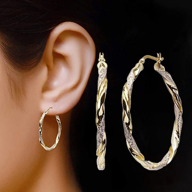 Luxury Gold Colors Hoop Earrings for Women Fashion Metal Two Tone Spiral Inlaid Zircon Loop Earrings Jewelry