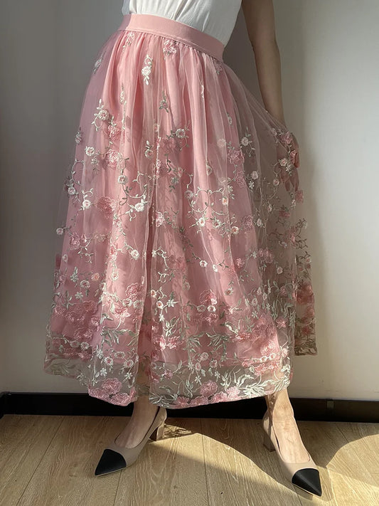 lovwvol   Bouquet Embroidered Long Skirt High Quality Pink Vintage Big Hem Floral Skirt Luxurious Fairy Style Women's Clothes