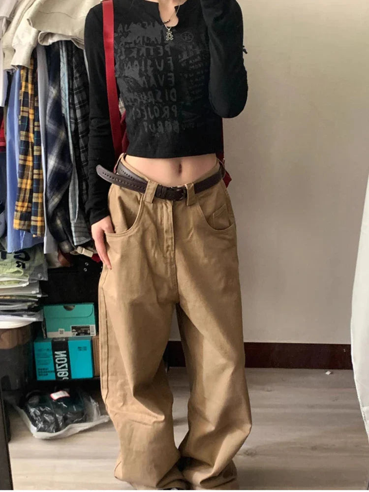 lovwvol Vintage Baggy Pants Women Y2K High Waist Loose Casual Trousers Khaki Korean Streetwear Straight Wide Leg Cargo Jeans