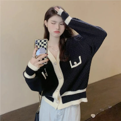 lovwvol   Korean Fashion Chic Vintage Sweater Retro Casual Lazy Sweaters For Women Knitted V-Neck Cardigans Elegant Tops Outwear