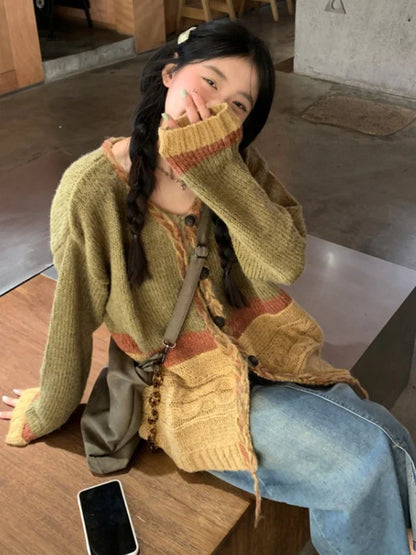 lovwvol  -  Women Knitwear Loose V-neck Contrast Color Patchwork Sweaters Harajuku Grunge Jumpers Streetwear Fashion Cardigans Y2k Aesthetic