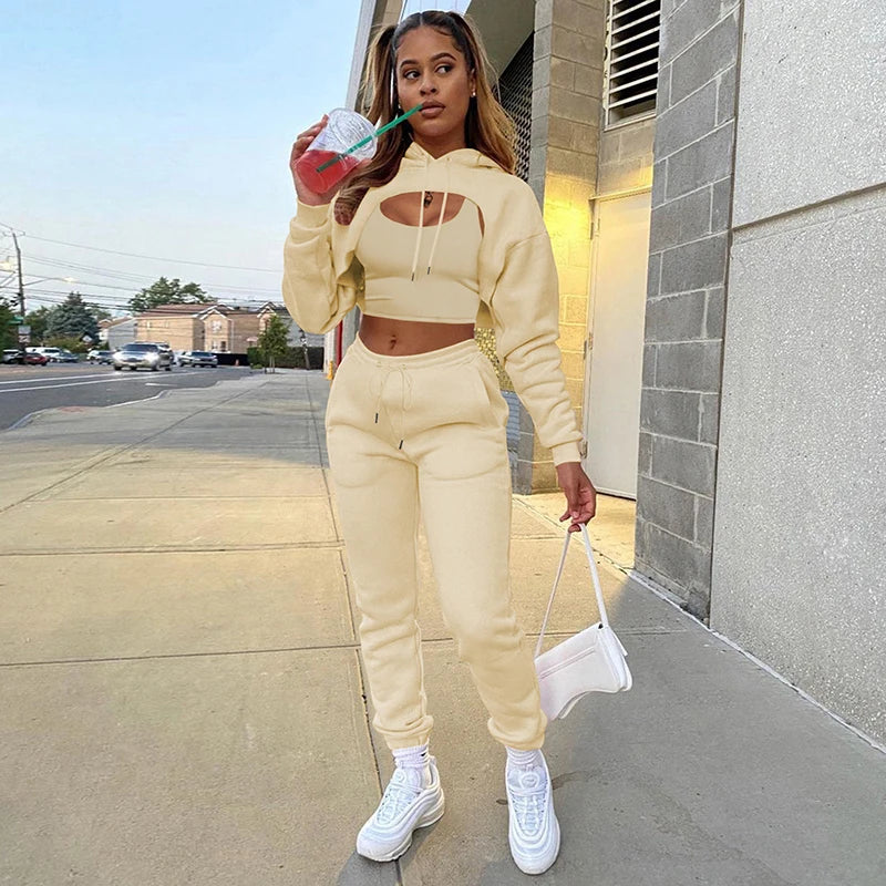 Women 3 Pieces Sets Sweatpants and Hoodie Set Cropped Tops Fleece Pants Suit Tracksuit Fitness Sport Jogger Outfit Clothing