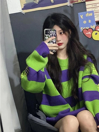 Vintage Green Striped Oversized Sweater Women Harajuku Retro Knitted Jumper Loose Casual All-match Top Y2K Clothes Goth