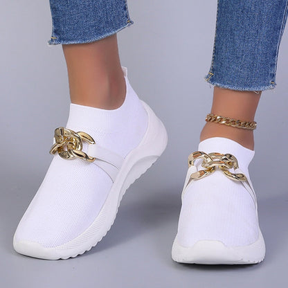 Metal Chain Breathable Mesh Flats Women Autumn Slip On White Sneakers Woman Plus Size 43 Comfy Soft Sole Casual Shoes