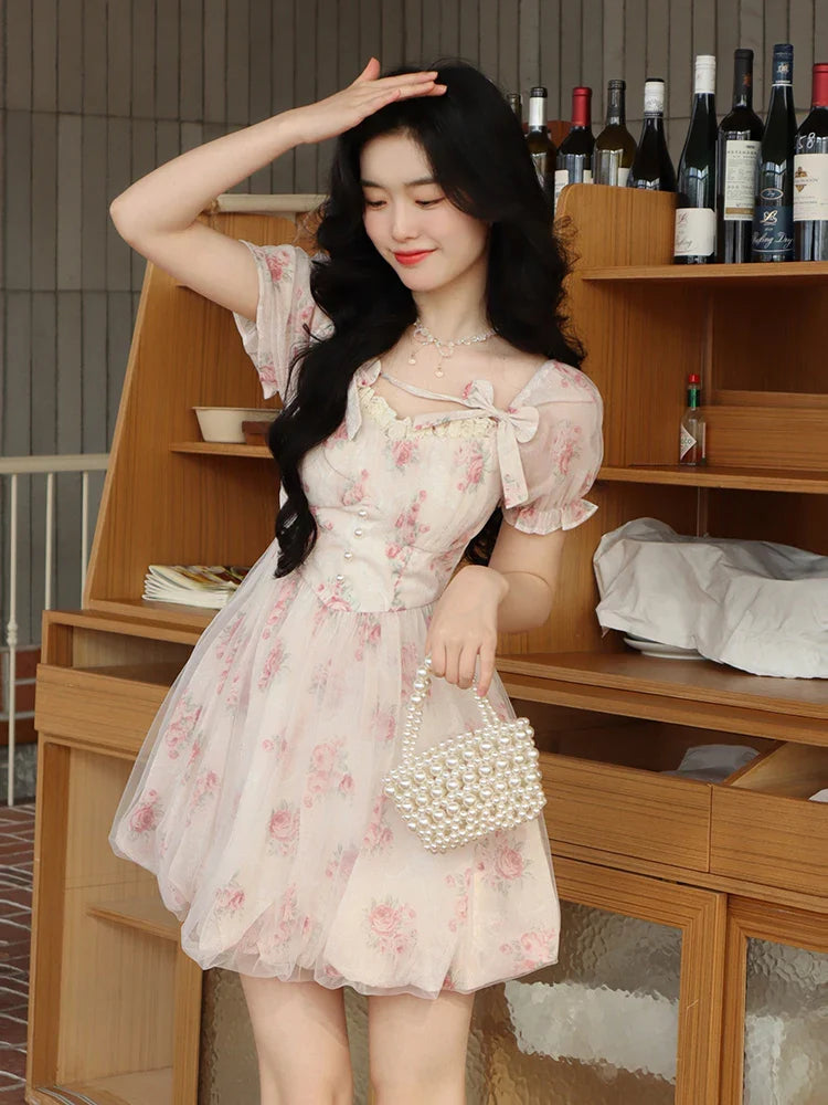 lovwvol Floral Sweet Fairy Bodycon Dresses for Women Elegant Party Print French Female Korean Fashion Cute Mini Dress Summer Pink