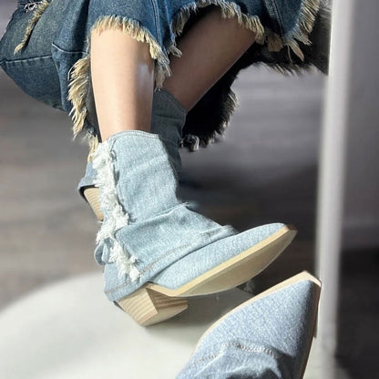 Pleats Blue Denim Thigh High Boots for Women  Autumn Thick Heeled Pointed Toe Cowboy Boots Woman Slip On Western Long Boots