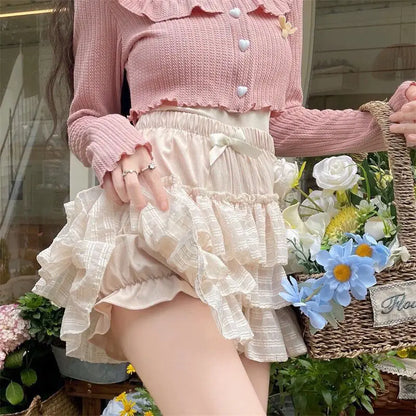 Kawaii Ruffle Skirt Women Coquette Cute Lolita High Waist A-line Bow Lace Fairycore Mesh Mini Skirt Summer Mori Girl