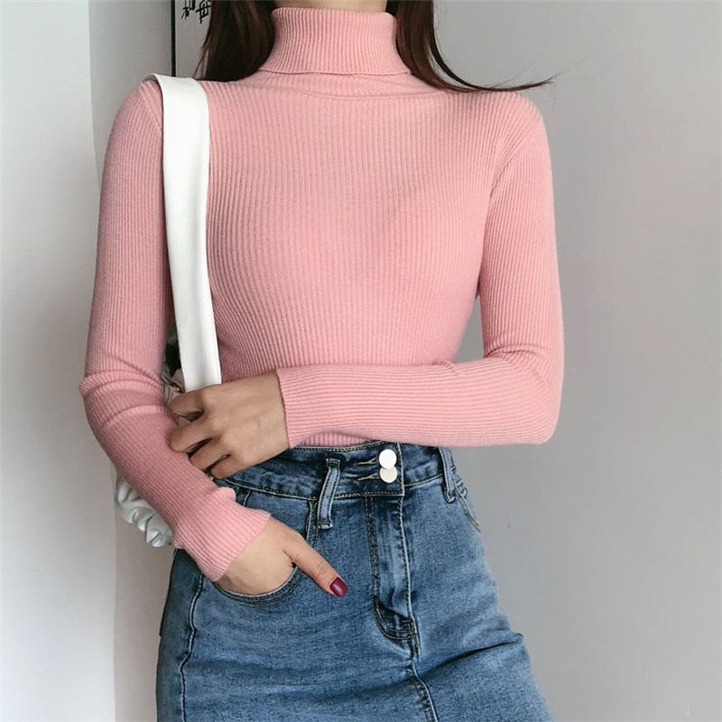 lovwvol Harajuku Pullover Turtleneck Sweater Women Fall Soft Knit Sweater Slim Elastic Korean Simple Basic Cheap Jumper Solid Tops