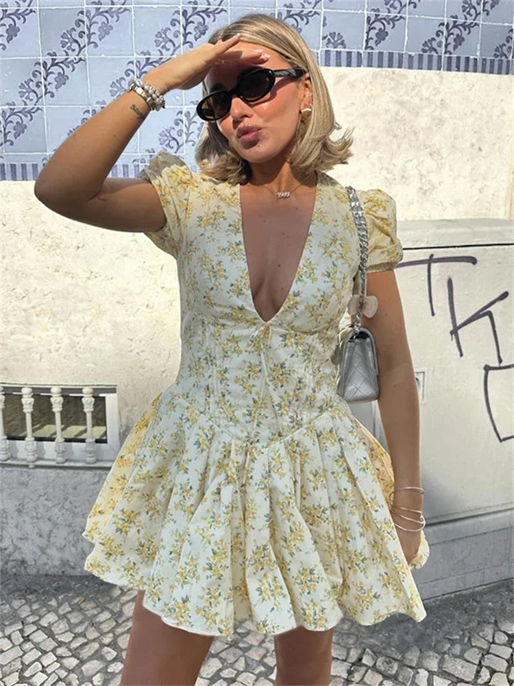 lovwvol Sexy Deep V Neck Women's Dresses 2024 Summer Fashion A-line Dress Female High Waist Pleated Printed Beach Party Dresses