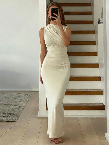 lovwvol Pleated Long sleeved Slim Maxi Dress Women Solid Fashion Elegant Party Dress Gown Off-Shoulder High Waist Bodycon Dress