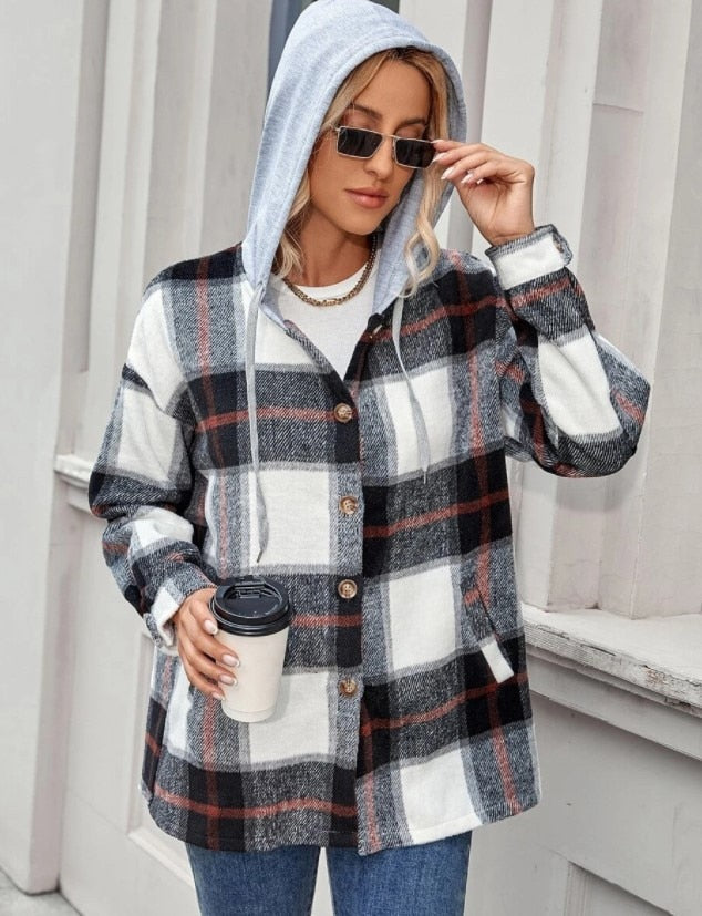 lovwvol     Vintage Plaid Jacket Womens Wool Blend Coats Hoodies Streetwear Flannel Hooded Woolen Za Woman Overshirt Oversized Shirts