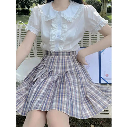 lovwvol Kawaii Lolita Blouses White Women Cute Lace Tops Ruffle Shirts Vintage Puff Sleeve Japanese Preppy Style Sweet Tops