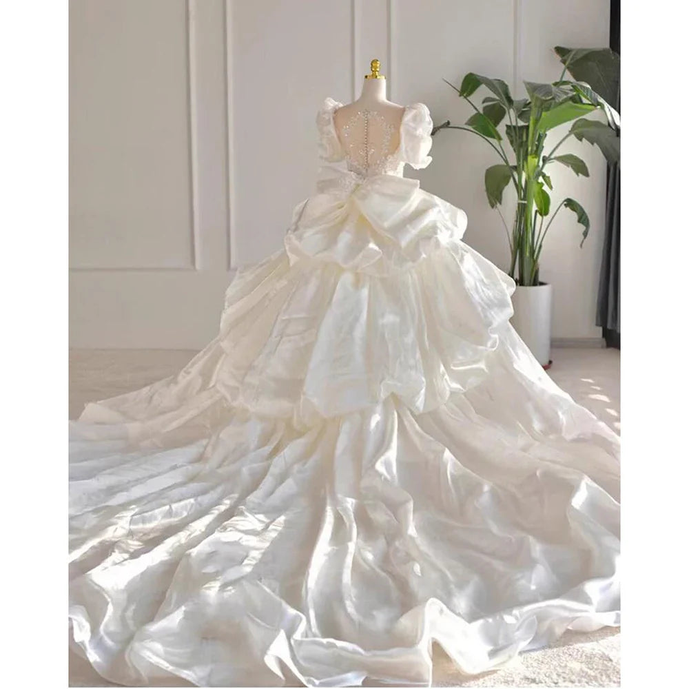 lovwvol Women's Wedding Dress Fashion and Elegant V-neck Puff Sleeves Sequin Bow Ribbon Cathedral Train Ball Gown High Quality Custom