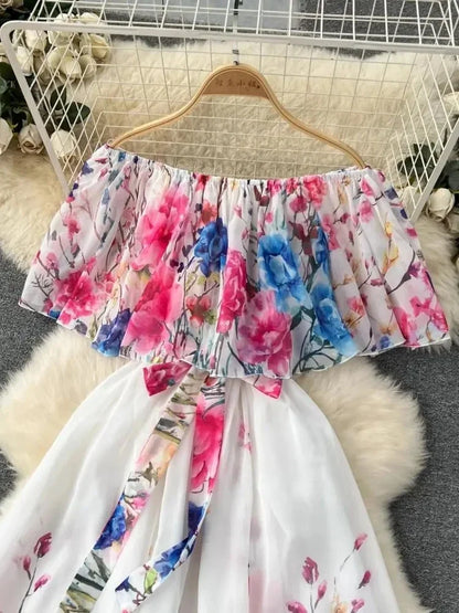 Summer Gorgeous Flower Chiffon Holiday Dress Women's Sexy Off The Shoulder Flower Print Elastic Waist Pleated Maxi Robe