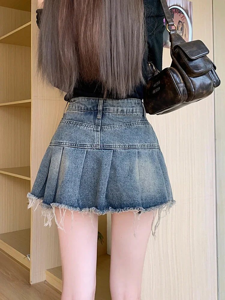 lovwvol Women's Y2k Vintage A-line Denim Skirts Streetwear High Waisted Girls 90s Washed Raw Hem Pleated Mini Skirts 2024 New