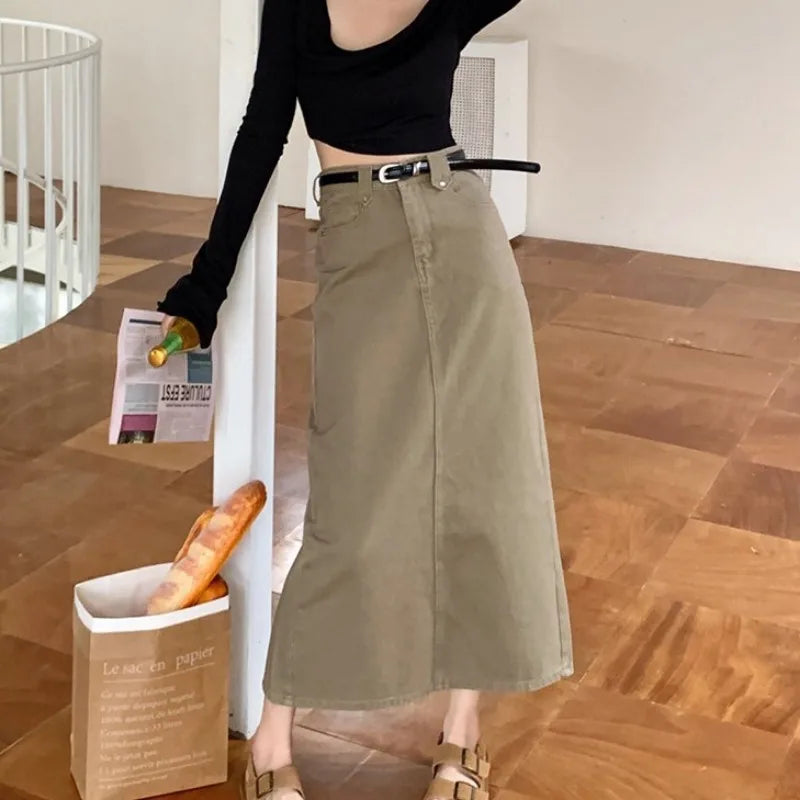 lovwvol  -  Korean Style Pink Denim Women Midi Skirt New Fashion Vintage High Waist Straight A-Line Pocket Jean Long Skirt Without Belt