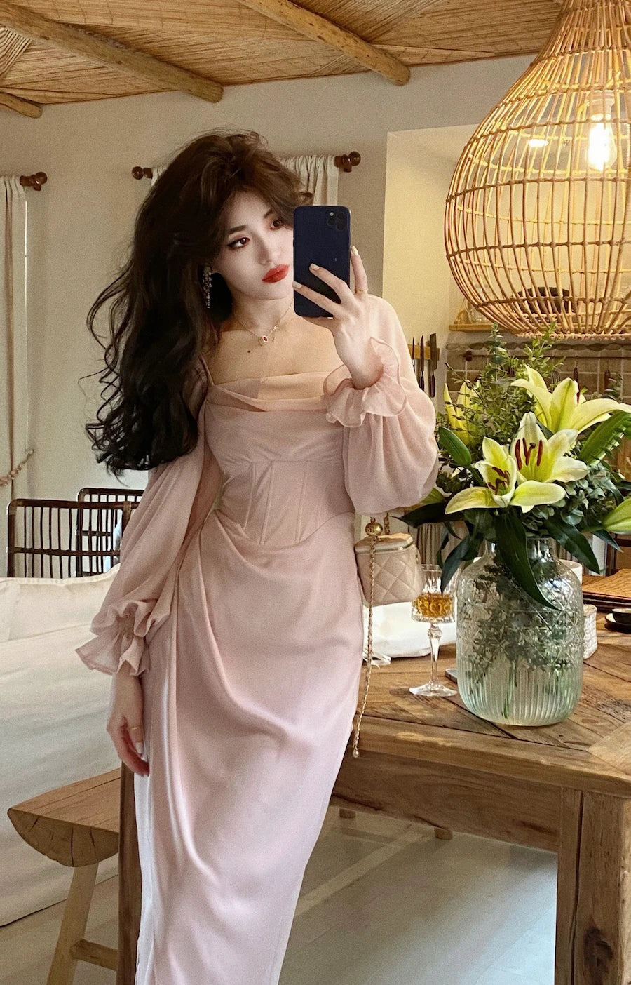 Vintage Wedding Party Midi Dresses for Women Spring New Square Collar Long Sleeves Elegant Fashion Evening Prom Female Clothing