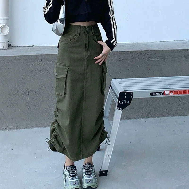 lovwvol  -  Retro Long Skirts Drawstring Cargo Denim Skirts Gray Autumn Pocket Asymmetrical Bodycon Midi Skirts Women Green Y2K Streetwear